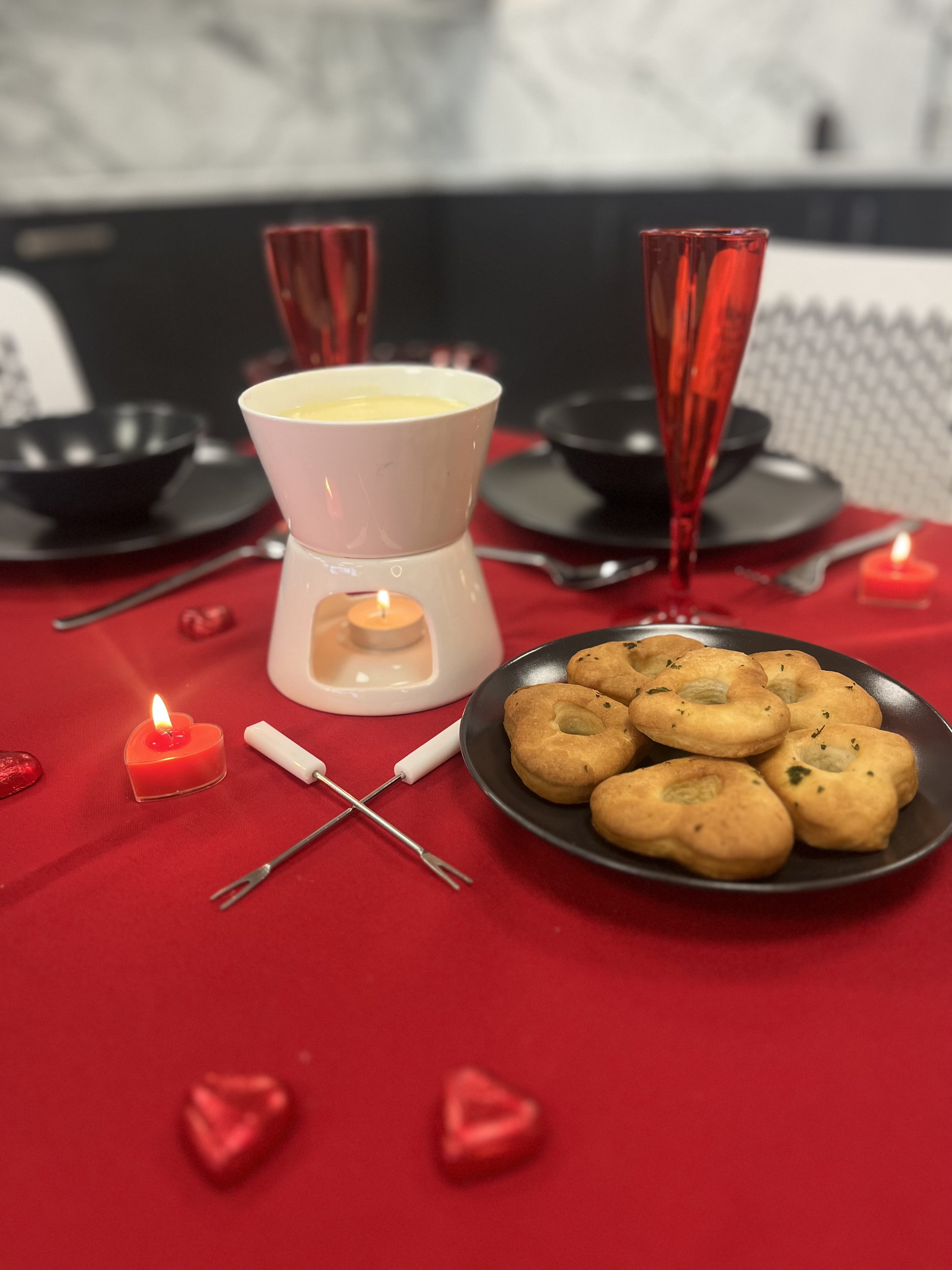 Cheese Fondue and Heart Breadsticks