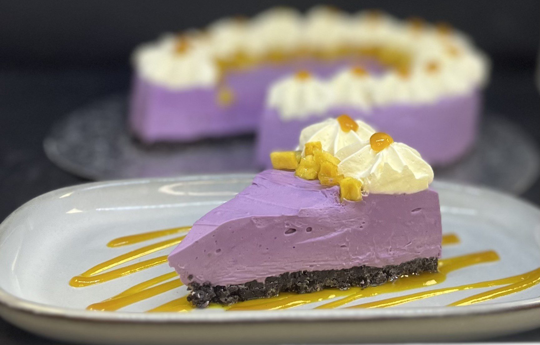 Ube, Mango and Passion Fruit Vegan Cheesecake